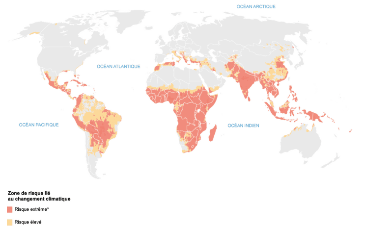 Cartographie représentant les zones de risques liées au changement climatique ©Le Monde