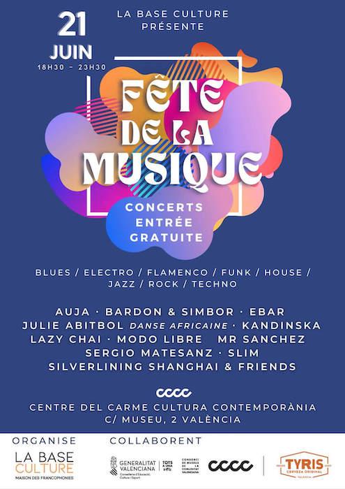 Affiche bleue de la Fête de la musique 2023 organisée par La Base Culture au cccc