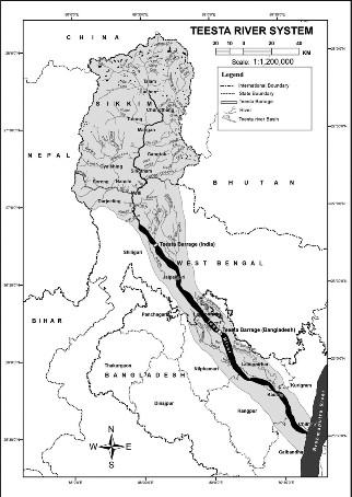 Carte du bassin du fleuve Teesta entre l'Inde et le Bangladesh