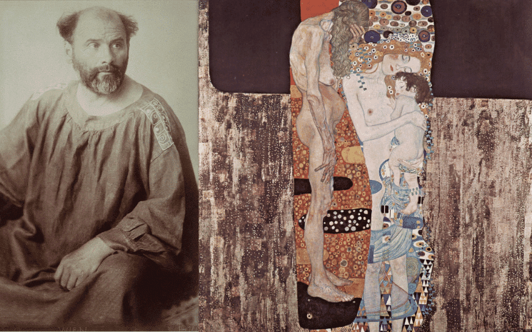 À gauche : Gustav Klimt en 1914, photographié par Anton Josef Trčka. À droite : Les Trois Âges de la femme (1905), huile sur toile (180 × 180 cm), galerie nationale d'art moderne (Rome).