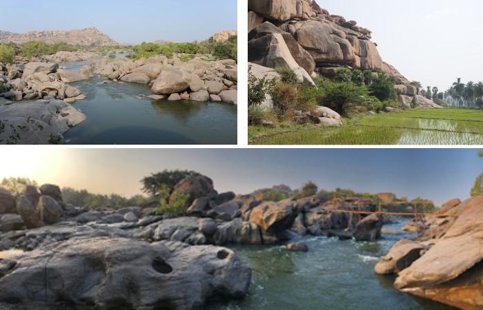 Hampi la rivière, les blocs de rochers, les rizières