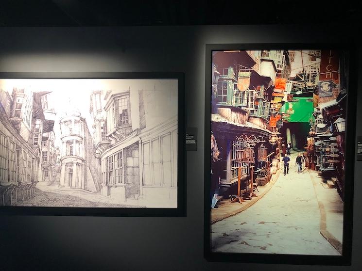 Photo et croquis du décors de Diagon Alley