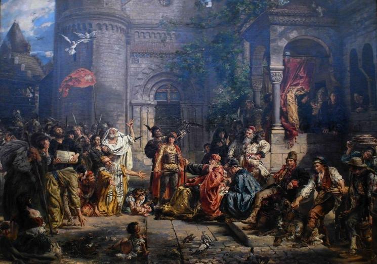 Przyjęcie Żydów R.P. 1096. (Reception of Jews in Poland) Jan Matejko (1889), étude à l'huile conservée au Musée du château royal de Varsovie