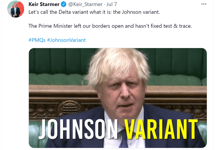 Le Tweet de Keir Starmer illustré de la moue de Boris Johnson