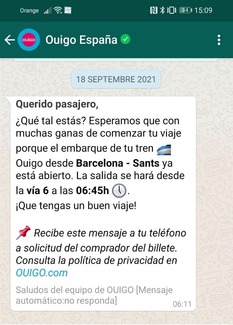 confirmation whatsapp ouigo