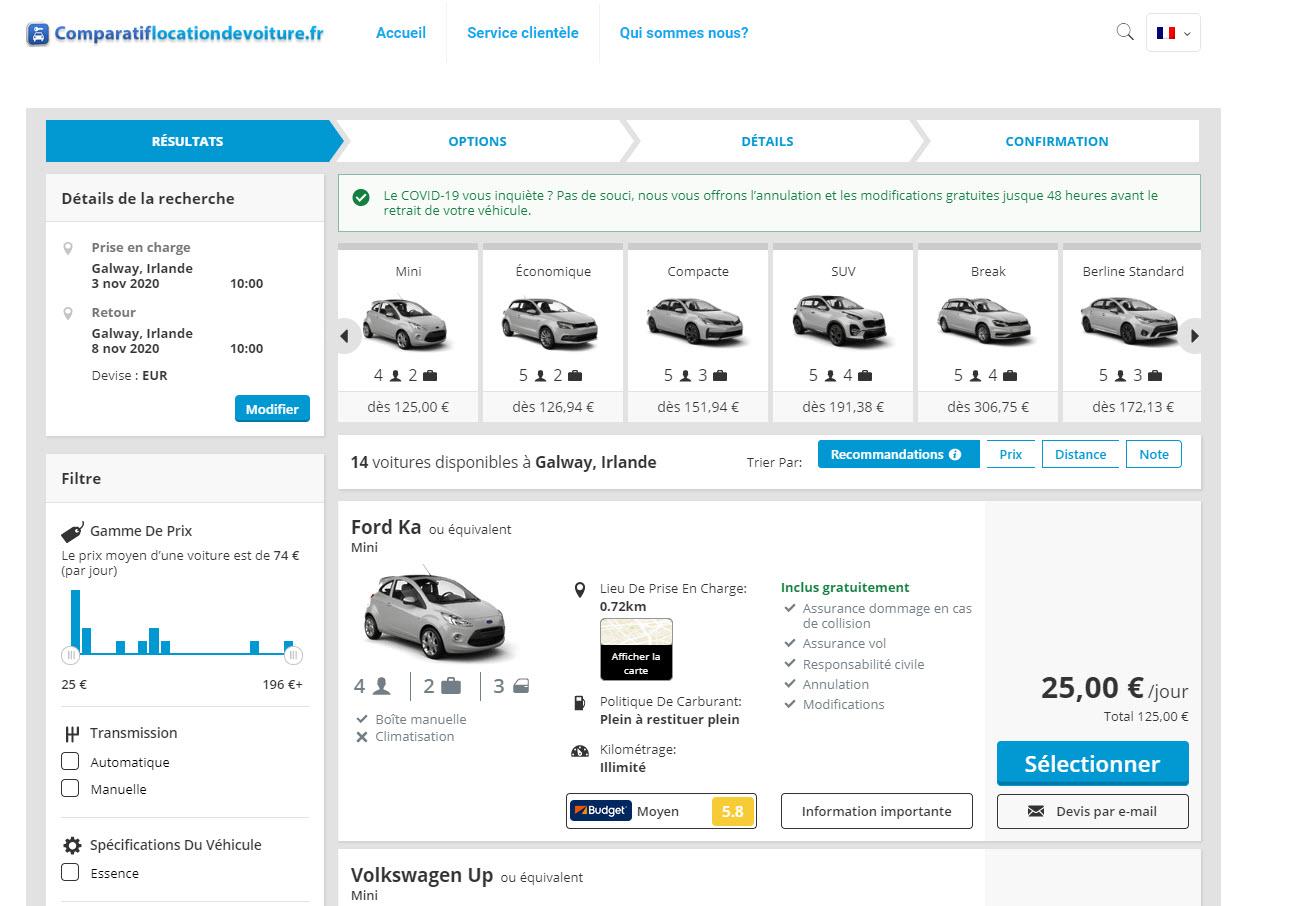 page de résultats pour location voitures Dublin