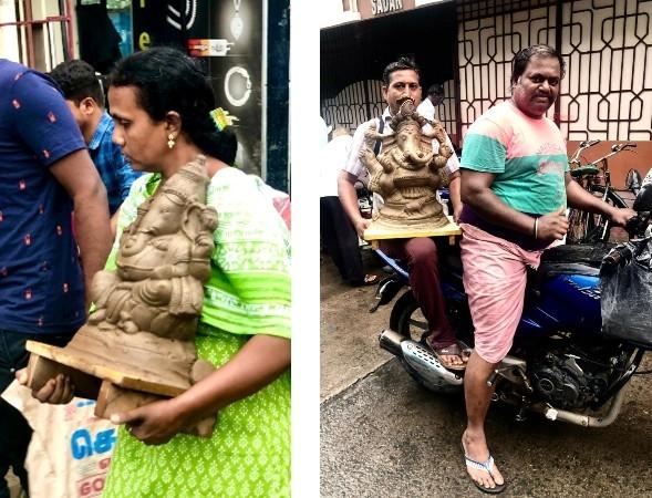 Une femme et un homme transportant leur Ganesh