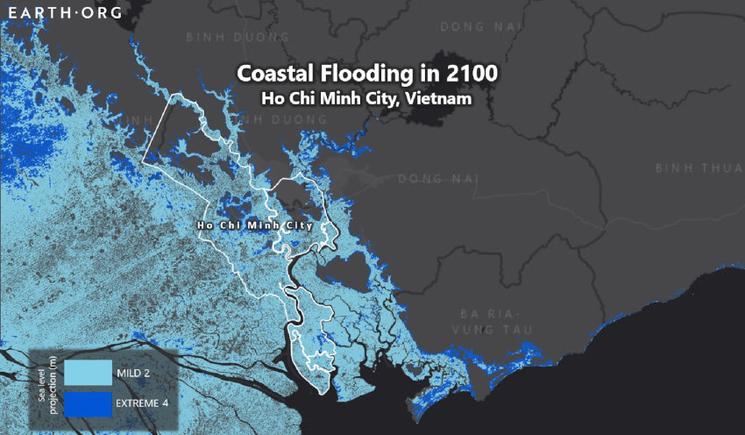 Projection de la montée des eaux à Hô Chi Minh-Ville, Earth.org