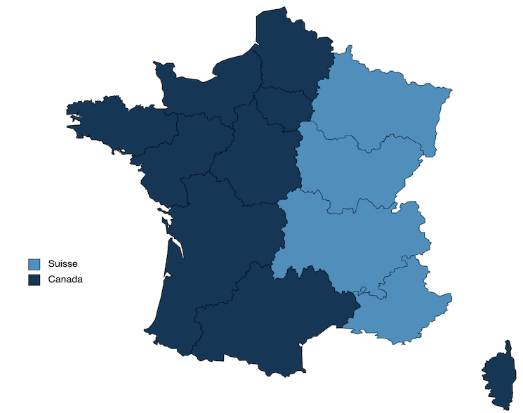 Les régions qui recherchent la suisse ou le canada en France