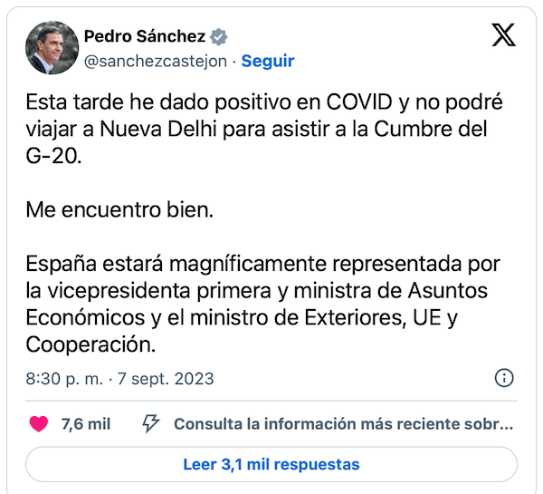 tweet de pedro sanchez annonçant qu0il est positif au covid