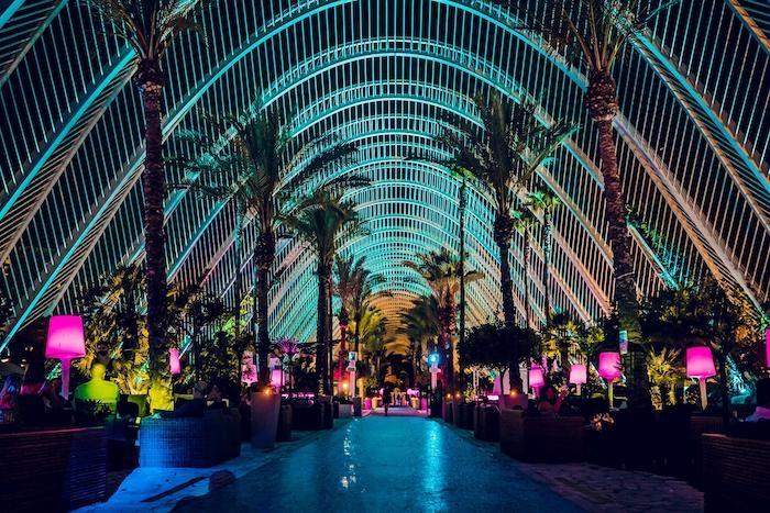 L'entrée de la boîte de nuit L'Umbracle à Valencia avec des arcades sous les palmiers