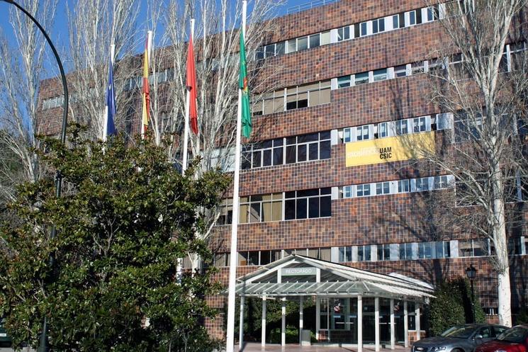 Le bâtiment de l'universidad autonoma de madrid avec des drapeaux