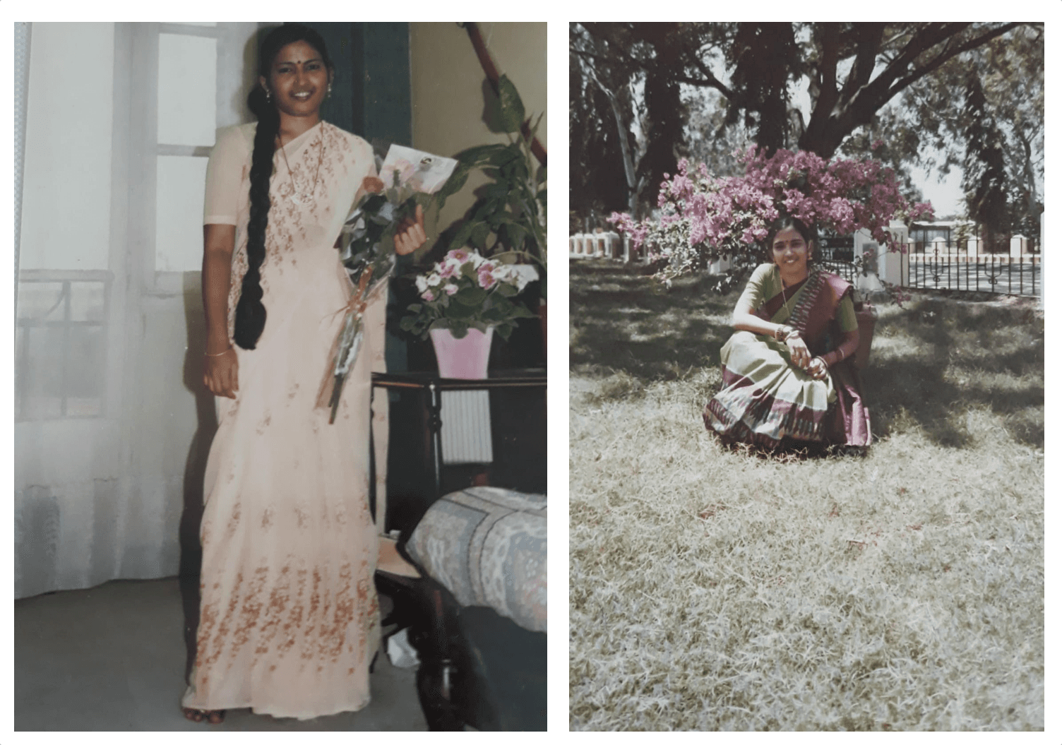 Vijeacoumary, photo prise en Inde avant son départ dans un parc de Pondichéry. Avec le bouquet, photo prise en France 