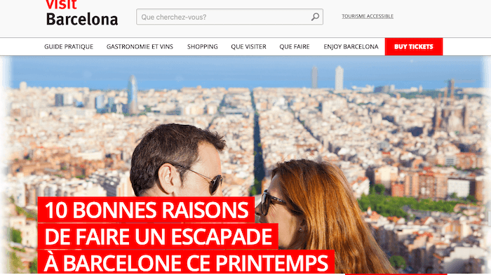 Page d'accueil du site web de Barcelone recommandant de visiter la ville