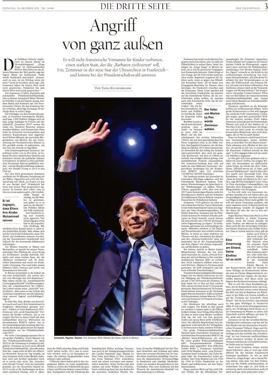 Eric Zemmour dans le journal allemand Der Taggesspiegel